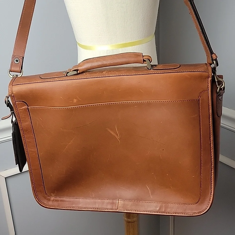 H.H. BROWN Tan‎ Leather Laptop Attaché Work Messenger Crossbody Shoulder Bag VTG